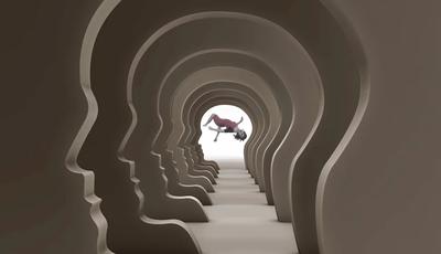 Abstract illustration of overlapping human head silhouettes forming a tunnel, with a floating figure representing the experience of dreaming.
